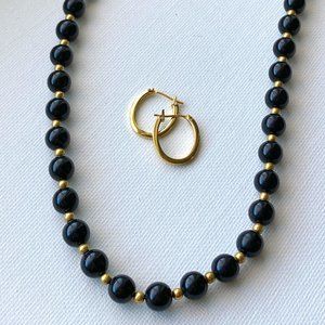 Vintage Black/Gold Beaded Necklace + Hoop Earrings Set